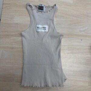 Reclaimed Vintage Ruffled Ribbed Tank Size Large Beige  Cotton Stretch